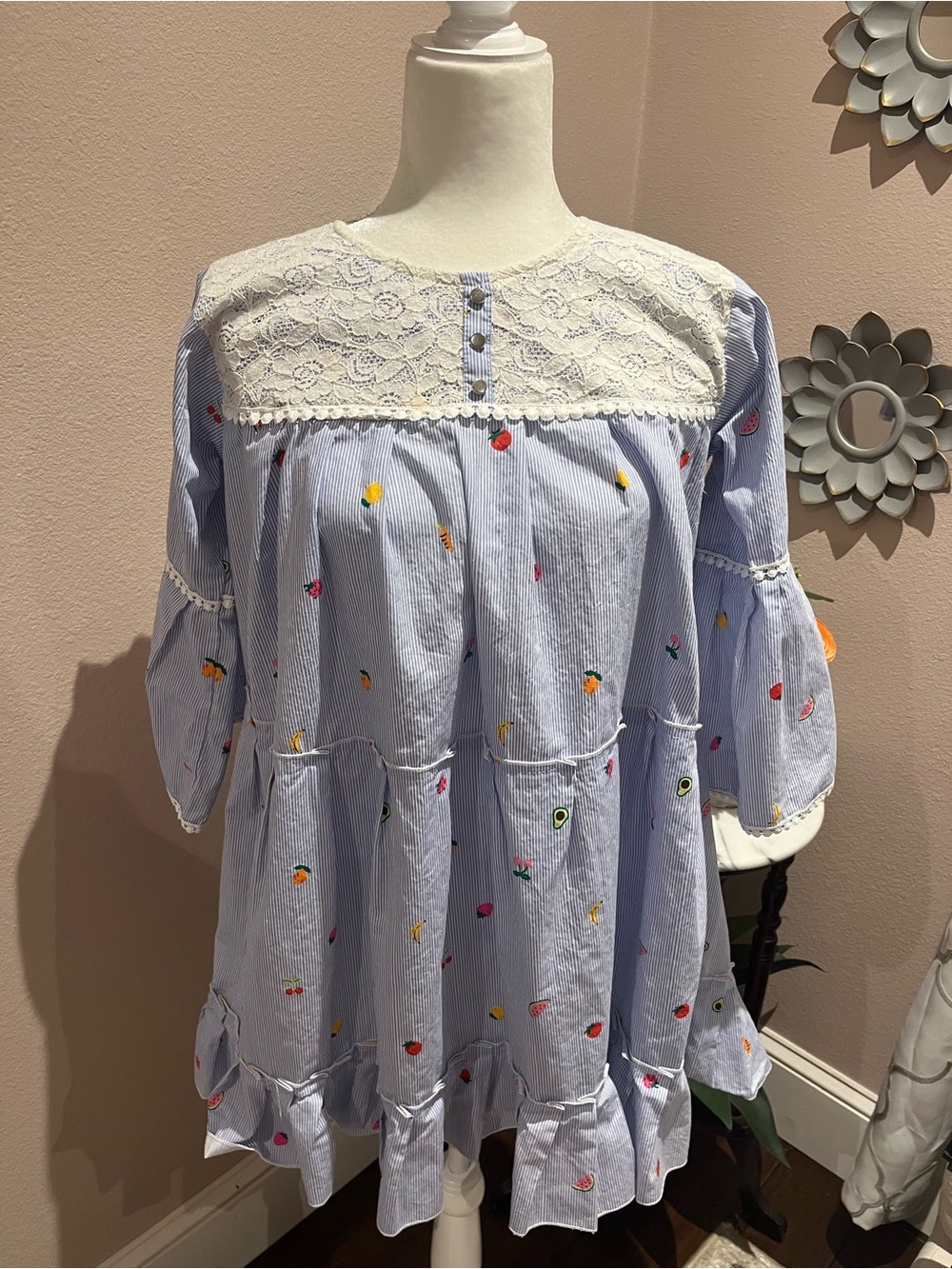 Ladies Blue Embroidered Peasant Top with Lace Yoke